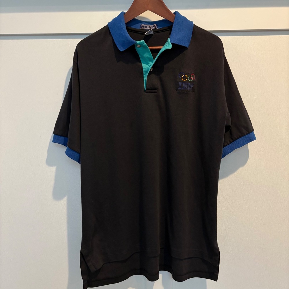 Vintage IBM Olympic Polo Shirt Mens XL Black Colorblock Collar Hilton USA 90s